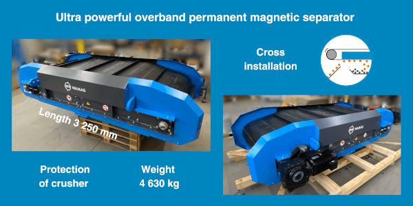 Ultra powerful overband permanent magnetic separator protects the crusher